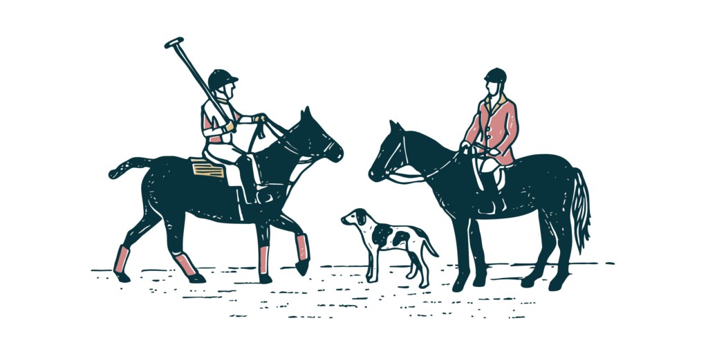 Drawng of a polo pony and rider standing next to a hunt horse and rider with a hound